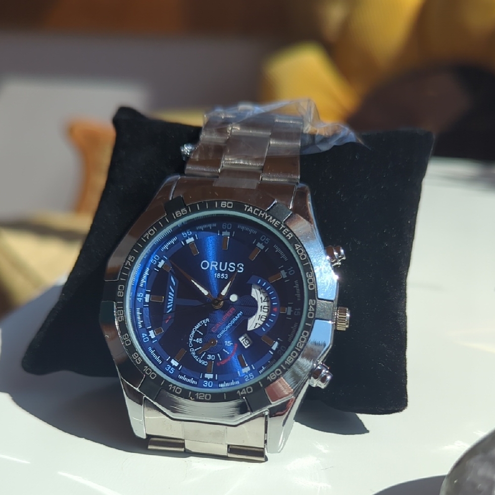 New Men's ORUSS 1853 Stainless Steel Blue Dial Watch with Luminous Hands